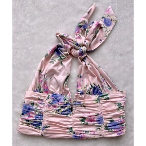 NWT Zara Floral Print Corset V-Neck Halter Neck Tie Crop Top in Pale Pink - Picture 8 of 16